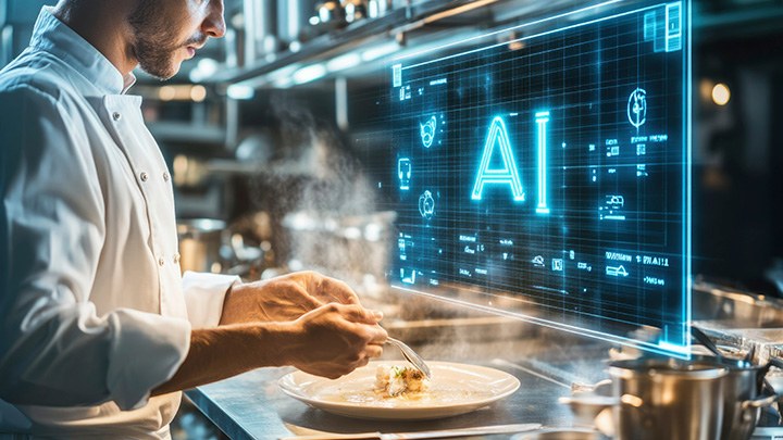 Chef Preparing Food in a Modern Kitchen with AI Technology